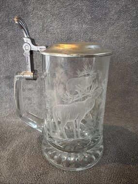 ALWE West Germany Glass Beer Stein Etched Stag Wildlife Design Pewter Lid